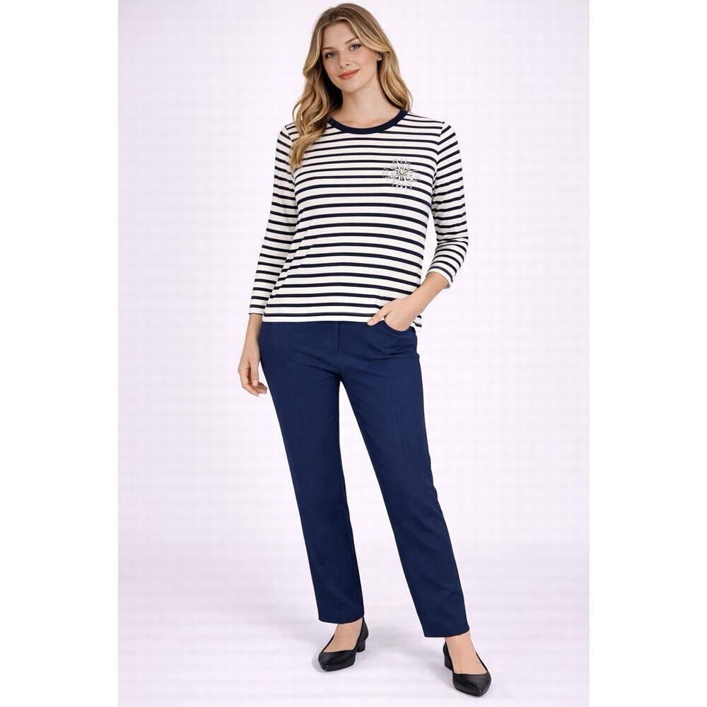 J.Crew Women’s Small White Stripe Beaded Scoop Neck 3/4 Sleeve Cotton Top